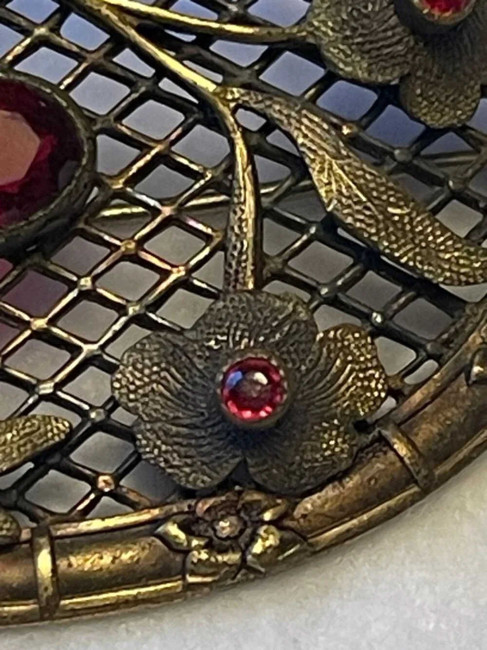 Antique Art Nouveau Brass Sash Brooch With Floral & Leaf Motif Ruby Red Glass St